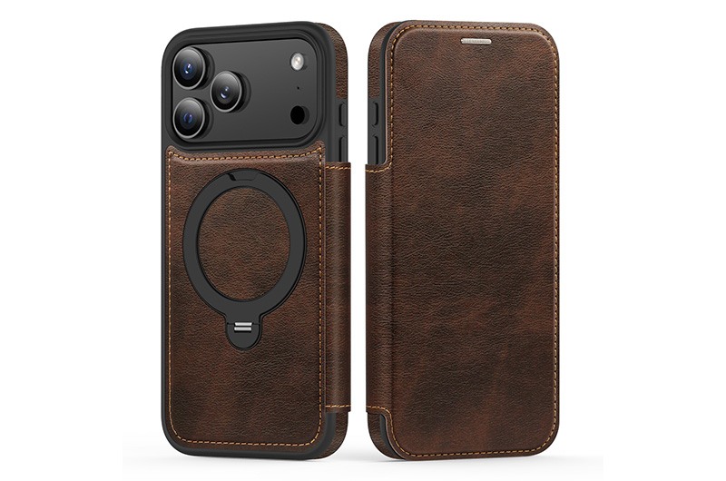 Magnetic Leather Phone Case with 360 Degree Rotating Stand for iPhone 17/16/15/14/13/12/11 Series (Support OEM/ODM)