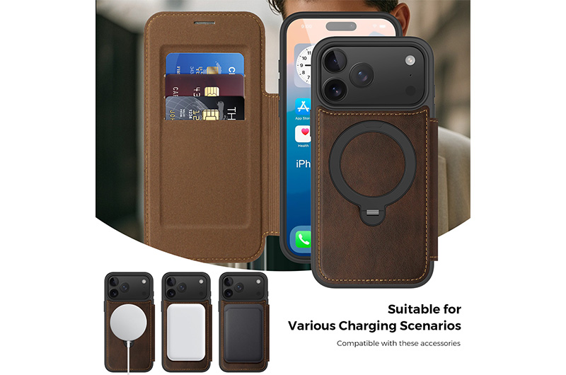 Magnetic Leather Phone Case with 360 Degree Rotating Stand for iPhone 17/16/15/14/13/12/11 Series (Support OEM/ODM)
