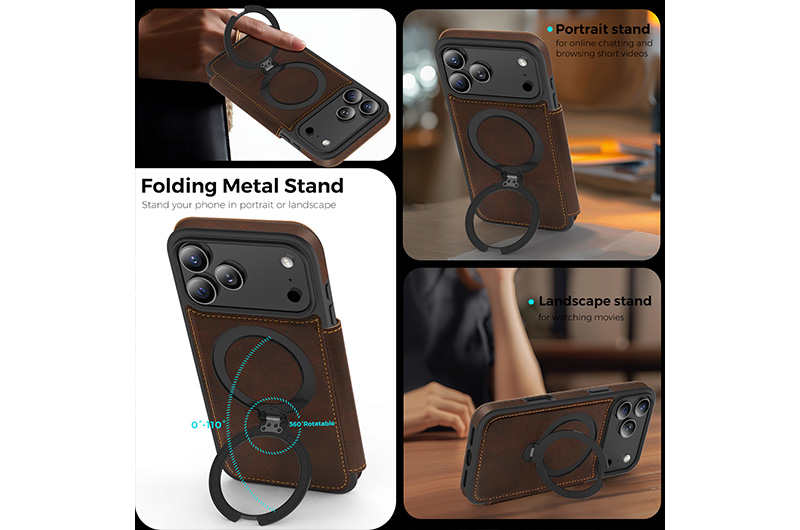 Magnetic Leather Phone Case with 360 Degree Rotating Stand for iPhone 17/16/15/14/13/12/11 Series (Support OEM/ODM)