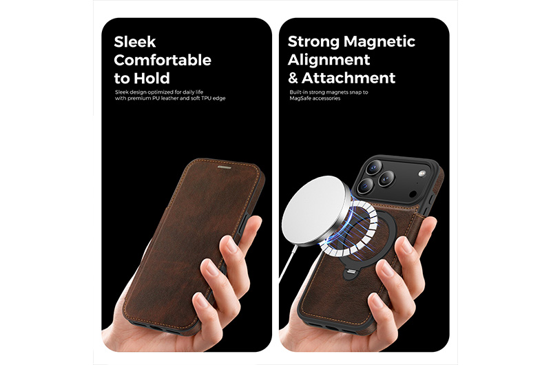 Magnetic Leather Phone Case with 360 Degree Rotating Stand for iPhone 17/16/15/14/13/12/11 Series (Support OEM/ODM)